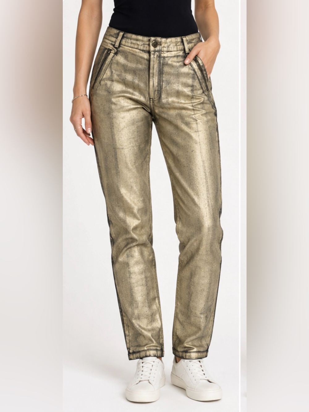 Olsen Dana Metallic Gold Pants Jeans XL 16 Stretch Straight Leg